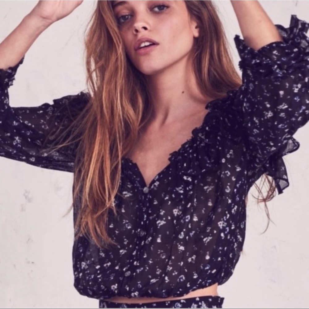 Loveshackfancy black and floral popover blouse